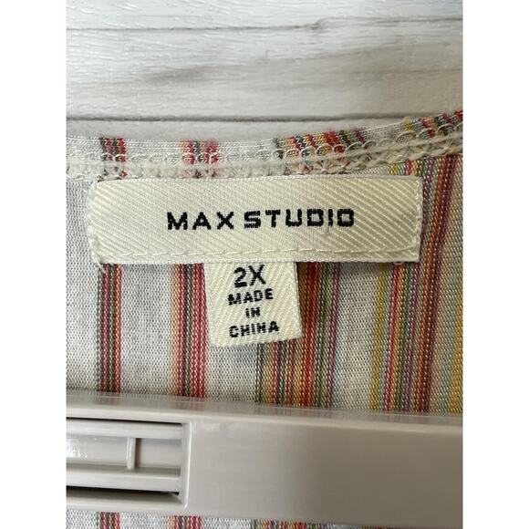 Max Studio Shirt Womens 2XL White Multi Stripe Side Tie Asymmetrical Hem - Picture 6 of 9